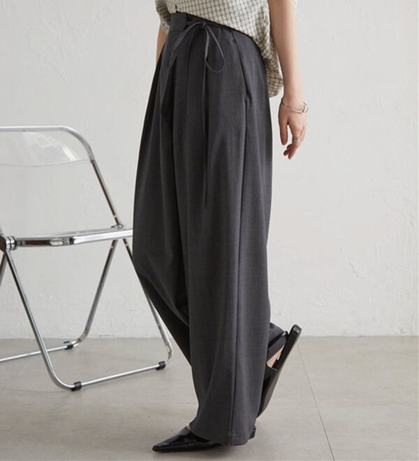 RANAN（ラナン）の「麻調2タックラップリボンパンツ（フルレングスパンツ）」｜グレー