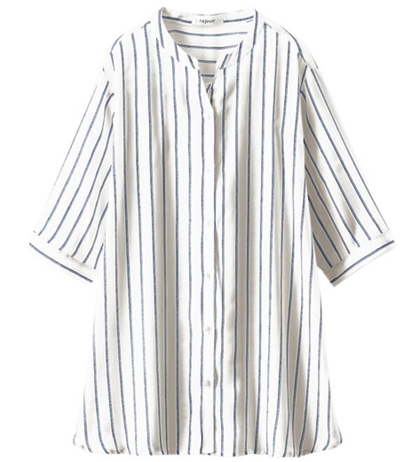 BELLUNA（ベルーナ）の「スラブ素材スキッパーデザインシャツ（シャツ）」｜オフ白ストライプ