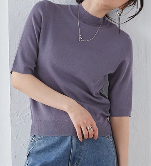 RANAN（ラナン）の「ひんやり！ハイネック５分袖サマーニット（ニット・セーター）」｜グレー