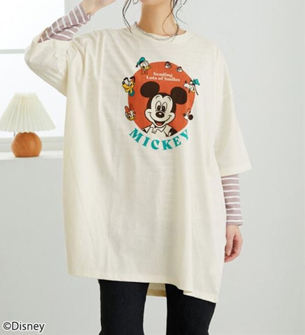 BELLUNA（ベルーナ）の「＜Ｄｉｓｎｅｙ＞【ミッキー】ビッグ7分袖プリントTシャツ（Tシャツ）」｜クリーム