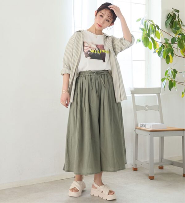 A HAPPY MARILYN（アハッピーマリリン）の「【Ｌ～６Ｌ】【２丈展開】【風通るプレミアム】綿・楊柳、ギャザーフレアスカンツ。（ワイドパンツ・ガウチョ）」｜詳細画像