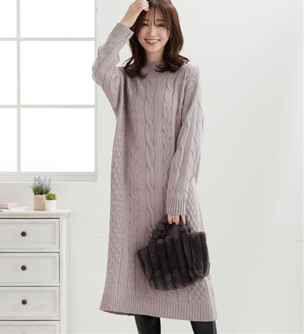 BELLUNA（ベルーナ）の「ケーブル柄ロング丈ニットワンピース（ニットワンピース）」｜詳細画像