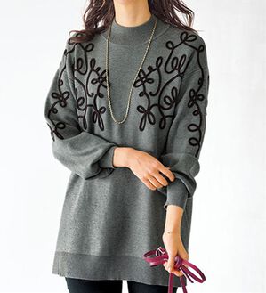 BELLUNA（ベルーナ）の「コード刺しゅうデザインニットチュニック（チュニック）」｜杢グレー