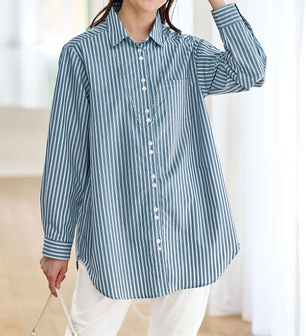 BELLUNA（ベルーナ）の「アイロンいらずの形態安定シャツ（シャツ）」｜ブルー系ストライプ