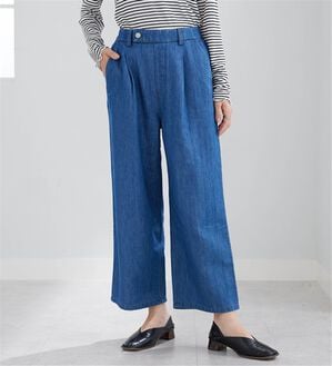 BELLUNA（ベルーナ）の「やわらかデニム素材ウエストタブパンツ（ワイドパンツ・ガウチョ）」｜ブルー