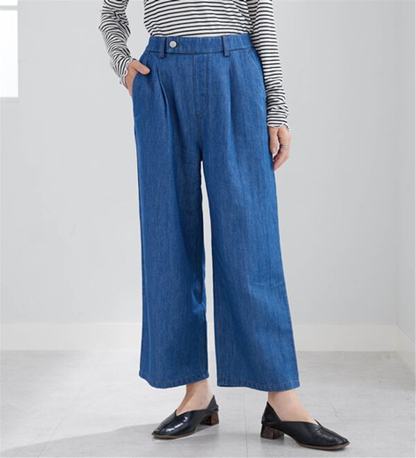 BELLUNA（ベルーナ）の「やわらかデニム素材ウエストタブパンツ（ワイドパンツ・ガウチョ）」｜ブルー