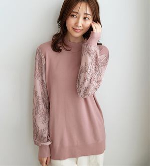 BELLUNA（ベルーナ）の「袖レースデザインニットプルオーバー（ニット・セーター）」｜ピンク
