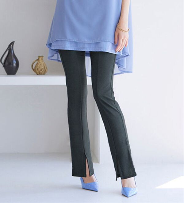 RANAN（ラナン）の「ひんやり！デニム調スリットパンツ（フルレングスパンツ）」｜デニム調ブラック