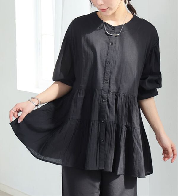 A HAPPY MARILYN（アハッピーマリリン）の「【Ｌ～６Ｌ】【風通るプレミアム】綿・楊柳七分袖ティアードブラウス（ブラウス）」｜ブラック