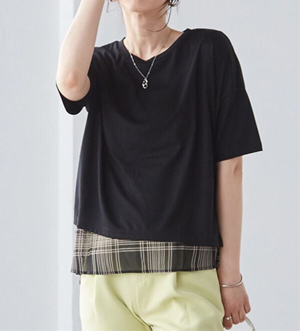 RANAN（ラナン）の「チェック柄異素材使いTシャツ（チュニック）」｜ブラック系(モノトーン)