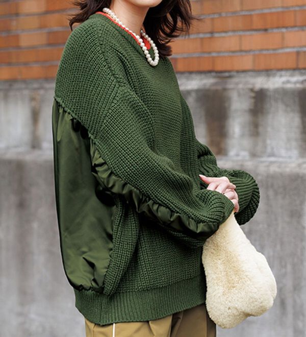 RANAN（ラナン）の「異素材ドッキングミリタリーニット（ニット・セーター）」｜カーキ