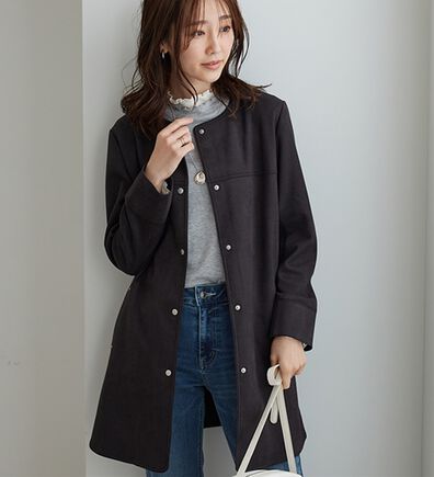 BELLUNA（ベルーナ）の「スエード調ノーカラーロング丈ジャケット（ノーカラージャケット）」