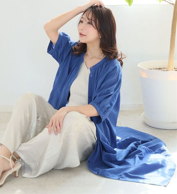 A HAPPY MARILYN（アハッピーマリリン）の「【Ｌ～６Ｌ】【風通るプレミアム】綿・楊柳、五分袖ギャザーたっぷりワンピース。（ロングワンピース）」｜詳細画像