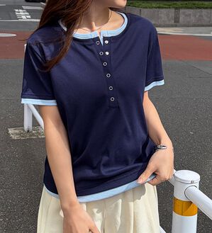 RANAN（ラナン）の「レイヤード風ヘンリーネックTシャツ（カットソー）」｜詳細画像