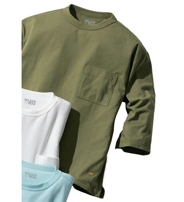 「＜ゴールデンベア＞長く着られる上質Ｔシャツ（メンズＴシャツ）」｜カーキ(7分袖)
