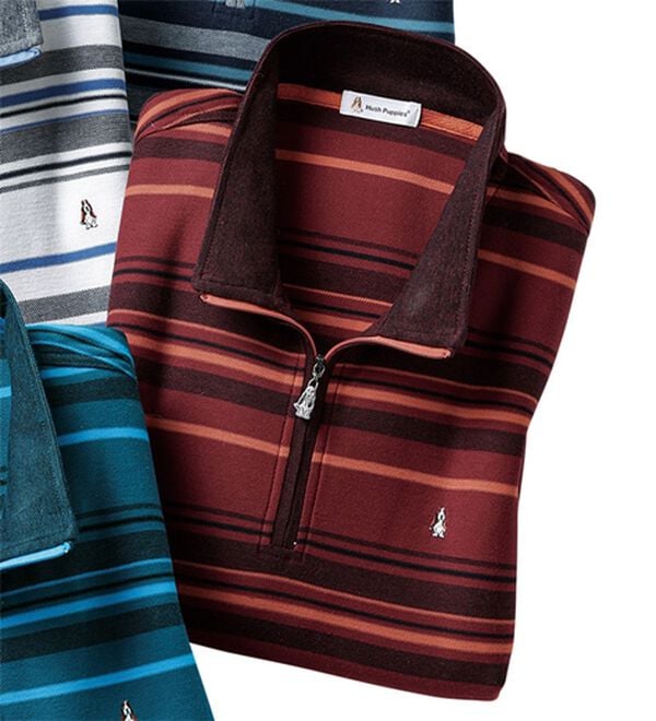 「＜ハッシュパピー＞華やかボーダージャカードジップポロ（メンズトレーナー）」｜ワイン