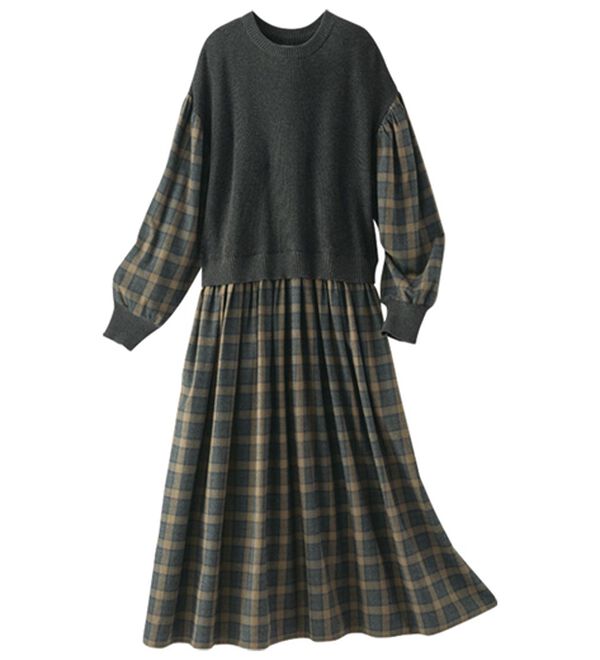 BELLUNA（ベルーナ）の「＜＆ｃｏｃｏｃｈｉ＞ニット切替チェック柄ワンピース（ドッキングワンピース）」｜詳細画像