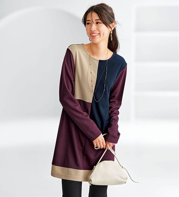 BELLUNA（ベルーナ）の「かのこ素材配色ブロッキングチュニック（チュニック）」｜ワイン系