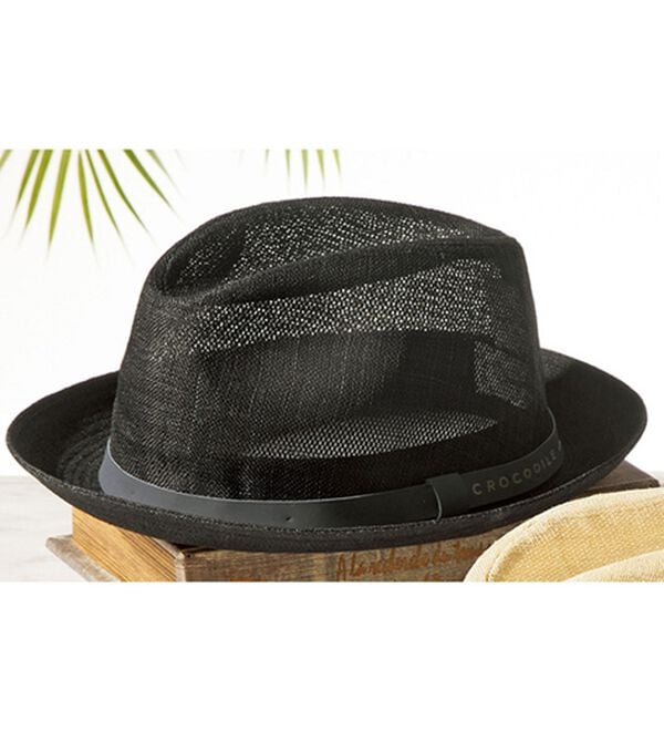 「＜クロコダイル＞日本製　ベルトがお洒落な涼やか中折れハット（メンズ帽子）」｜ブラック