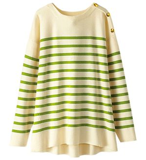 BELLUNA（ベルーナ）の「肩ボタン使いボーダーニットプルオーバー（ニット・セーター）」｜オフ白／グリーン