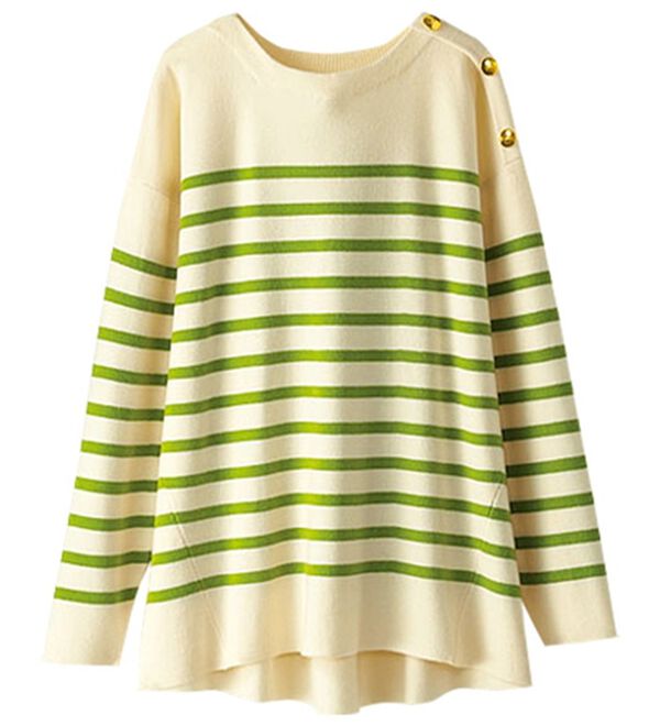 BELLUNA（ベルーナ）の「肩ボタン使いボーダーニットプルオーバー（ニット・セーター）」｜オフ白／グリーン