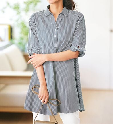 BELLUNA（ベルーナ）の「ヒンヤリ！麻調素材袖リボン使いシャツチュニック（チュニック）」