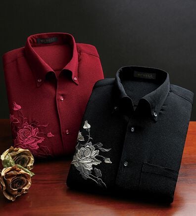 「日本製　バラ刺しゅうワンピース衿シャツ（メンズシャツ）」