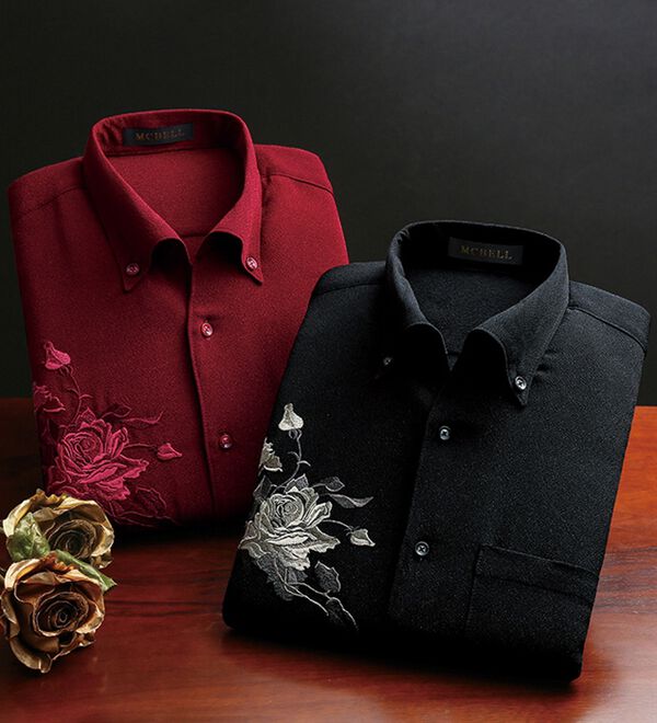 「日本製　バラ刺しゅうワンピース衿シャツ（メンズシャツ）」｜詳細画像