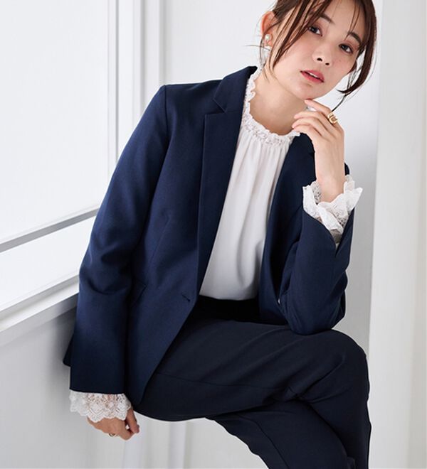 RANAN（ラナン）の「【選べる衿】洗える！春夏ロングシーズン着用可能ベーシック２点ライトスーツ（パンツスーツ）」｜ネイビー／テーラード