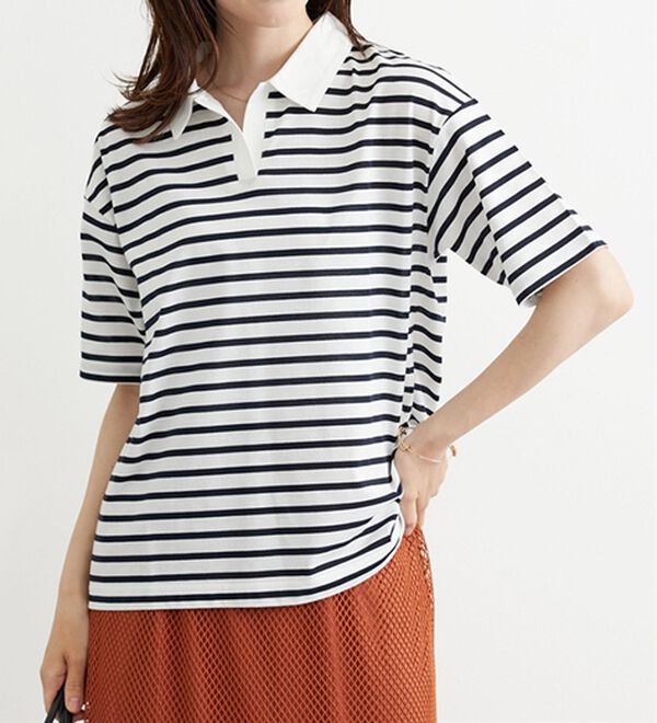 BELLUNA（ベルーナ）の「ボーダー柄スキッパーポロシャツ（カットソー）」｜詳細画像