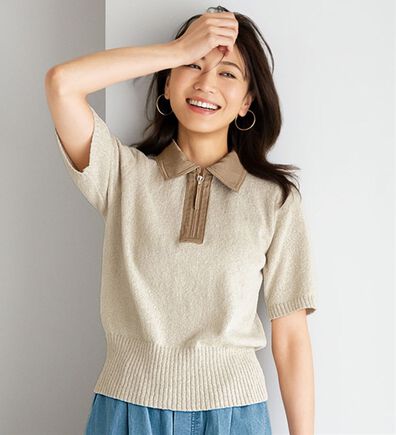 BELLUNA（ベルーナ）の「衿元デニム切替ニットポロシャツ（ニット・セーター）」