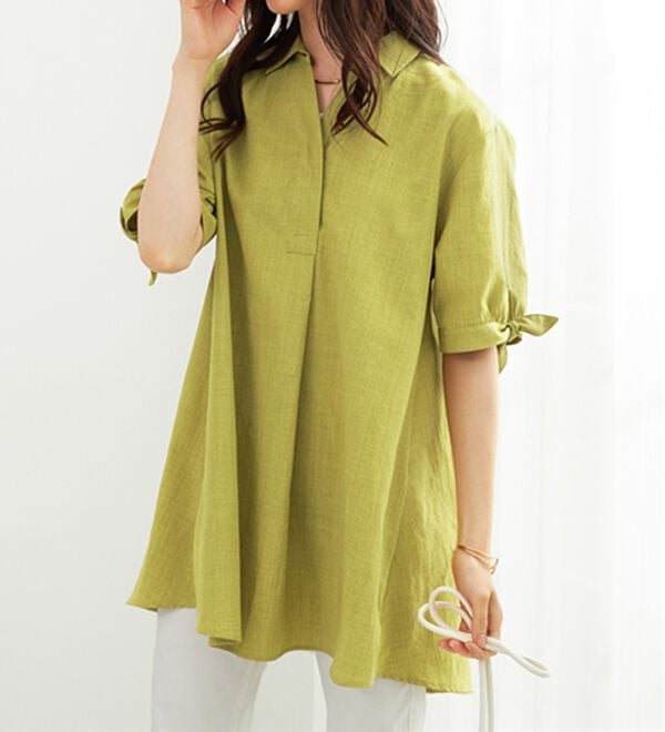 BELLUNA（ベルーナ）の「【接触冷感】麻調素材袖リボン使いシャツチュニック（チュニック）」｜詳細画像