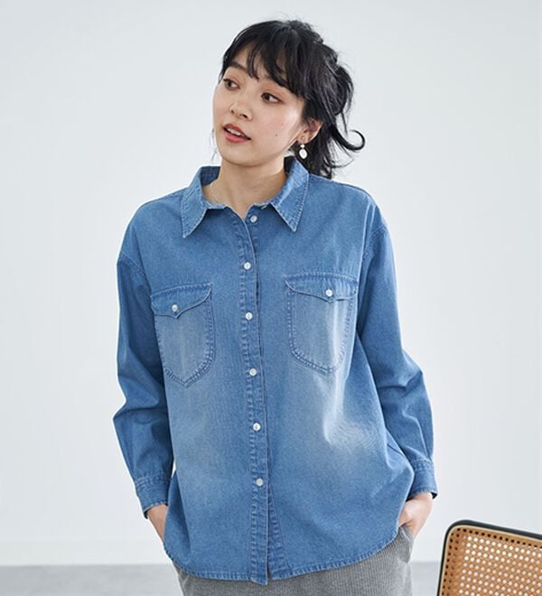 BELLUNA（ベルーナ）の「綿１００％ブラスト加工デニムシャツ（シャツ）」｜詳細画像