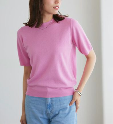 Pierrot（ピエロ）の「【洗濯機で洗える】【ＵＶカット】シルクタッチ半袖ニット（ニット・セーター）」