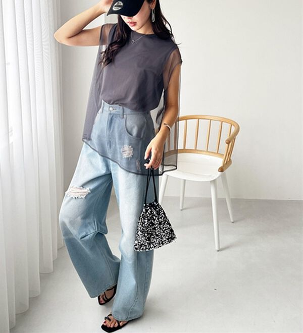 GeeRA（ジーラ）の「チュールカバーフレンチスリーブカットソー（カットソー）」｜詳細画像