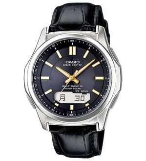 「カシオ　ソーラー電波時計（メンズ腕時計）」｜本革バンド ブラック