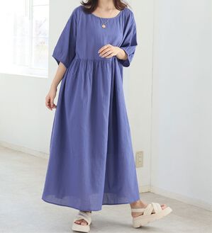 A HAPPY MARILYN（アハッピーマリリン）の「【Ｌ～６Ｌ】【風通るプレミアム】綿・楊柳、五分袖ウエスト切替ワンピース。（ロングワンピース）」｜スモークブルー