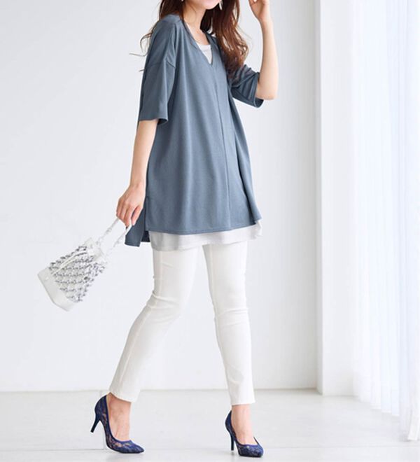 RANAN（ラナン）の「レイヤード風ニットソー半袖チュニック（チュニック）」｜詳細画像