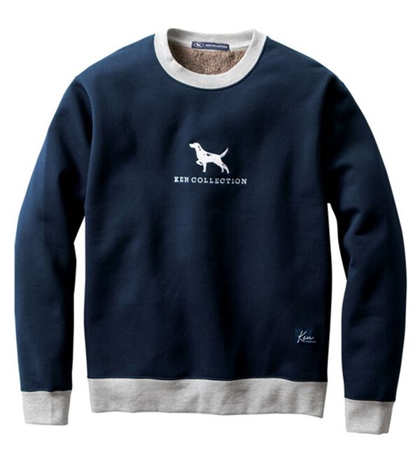 「＜ケン・コレクション＞刺しゅうデザインが魅力の裏ボアトレーナー（メンズトレーナー）」｜ネイビー