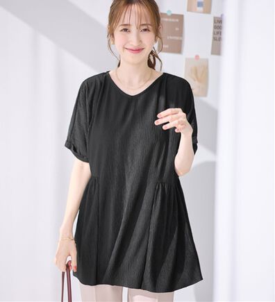 alotta（アロッタ）の「【４つの機能付】さらり軽やか楊柳カットソーギャザーチュニック（チュニック）」