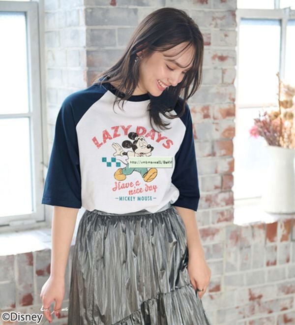 Disney＞【ミッキー】プリント7分丈ラグランTシャツ
