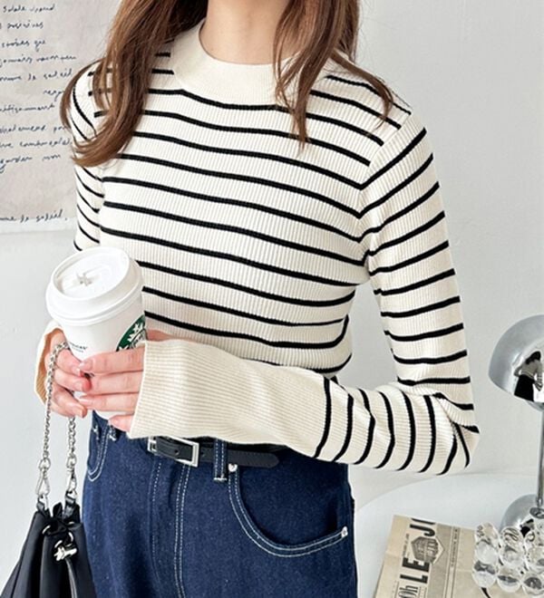 GeeRA（ジーラ）の「指穴配色デザイン柔らかリブニット（ニット・セーター）」｜詳細画像