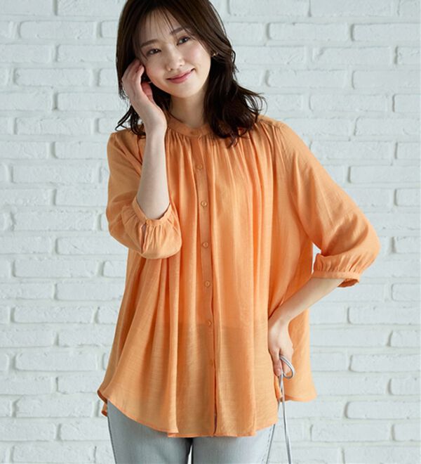 BELLUNA（ベルーナ）の「スラブ素材ギャザーデザインブラウス（ブラウス）」｜オレンジ