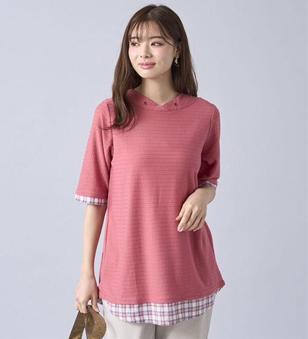 BELLUNA（ベルーナ）の「ひんやり冷感！タックジャカード素材重ね着風プルオーバー（カットソー）」｜詳細画像