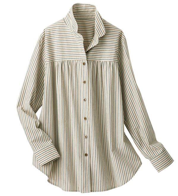 BELLUNA（ベルーナ）の「大人シャツ誕生！綿１００％ストライプ柄切替シャツ（シャツ）」｜ベージュ系