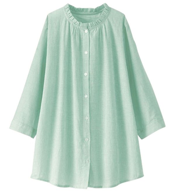 BELLUNA（ベルーナ）の「オーガニックコットン１００％フリル衿ブラウス（チュニック）」｜グリーンストライプ