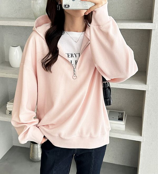 GeeRA（ジーラ）の「ハーフジップワッフルパーカー（パーカー）」｜ライトピンク