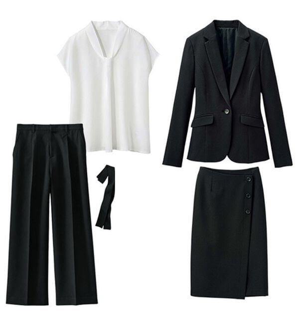 GeeRA（ジーラ）の「【ジャケット+2ボトム】洗えるストレッチ！ジャケット＆ブラウス＆ワイドパンツ＆スカートスーツセット（パンツスーツ）」｜詳細画像