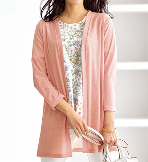 BELLUNA（ベルーナ）の「上品レース花柄プリントカーディガンアンサンブル（アンサンブル）」｜サーモンピンク系