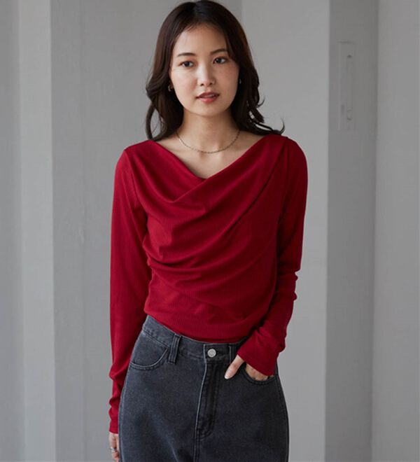 RANAN（ラナン）の「【春色追加】上品ドレープリブロングＴシャツ（カットソー）」｜詳細画像